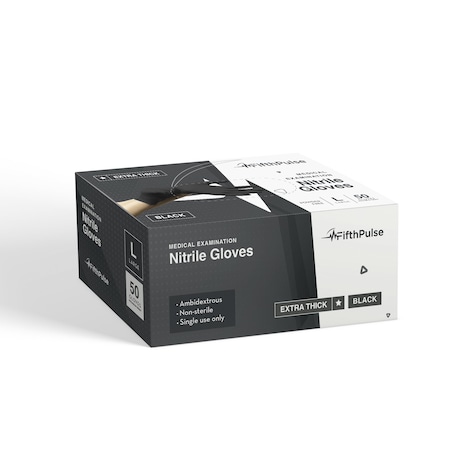 Fifthpulse FMN1004, Disposable Gloves, 4.5 mil Palm, Nitrile, Powder-Free, L, 50 PK, Black FP-N-50-L-BLK-4.5